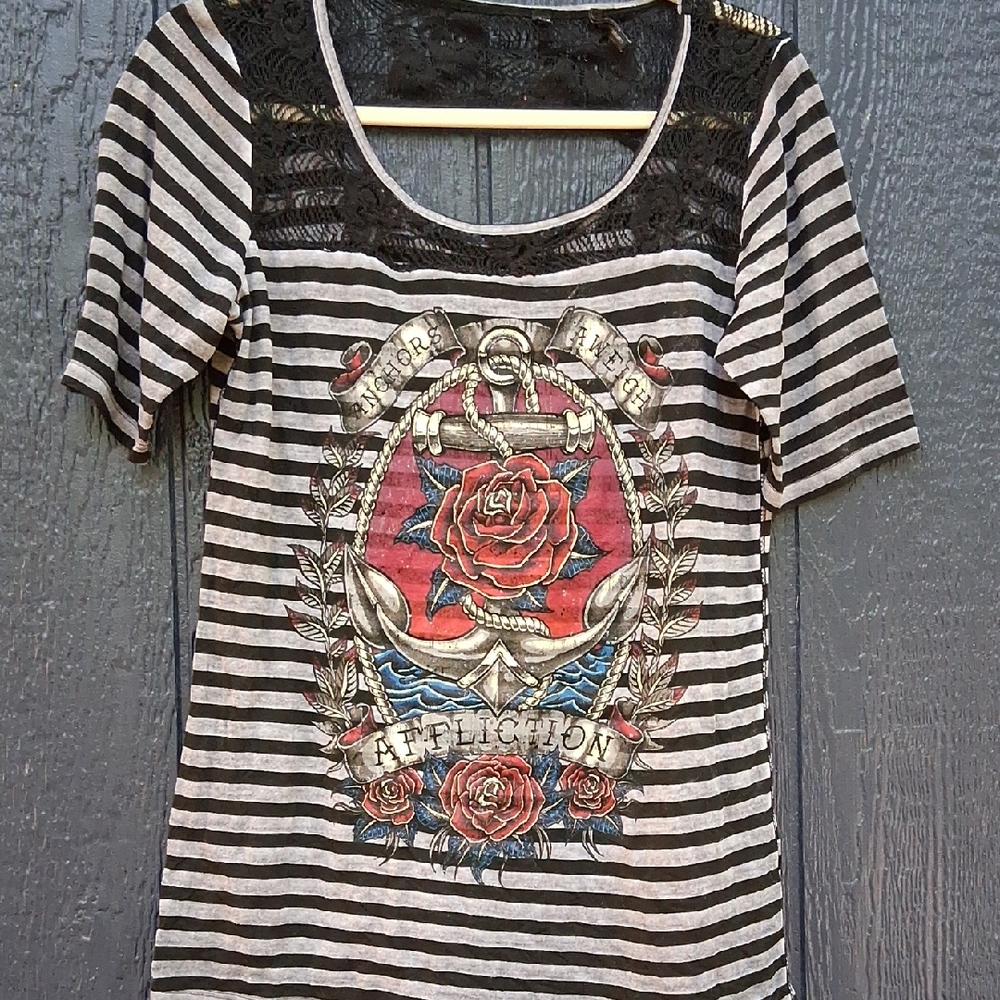 Affliction Black and White Striped Tee with Rose Graphic